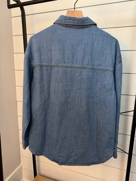 Oversized Blue Denim Pearl-Studded Button-Front Shirt - Picture 4 of 7
